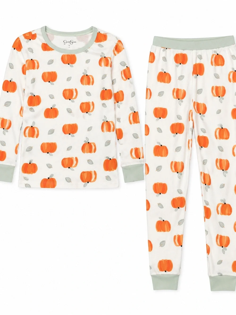 Jessica Simpson Very Soft Kids Pumpkin Pajama Set Cream & Orange with Sage Trim